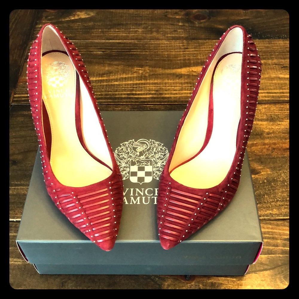 Vince Camuto red suede studded pumps